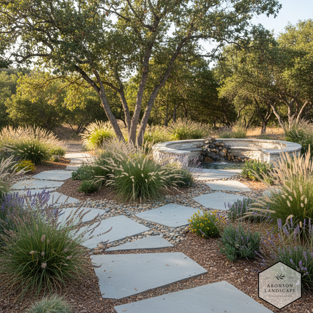 Stone path, fountain, native grasses & trees for low maintenance backyard ideas Placer County.