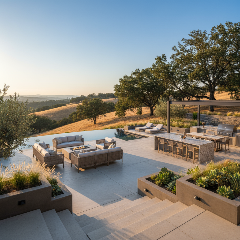 Luxury landscape design Placer outdoor living: patio with infinity pool, fire pit, kitchen, and hillside views.