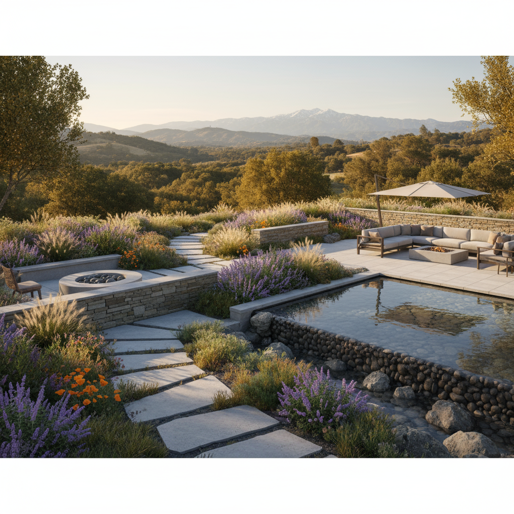 Luxury landscape design Placer features a large patio with pool, fire pit, and drought-tolerant planting against mountain vie