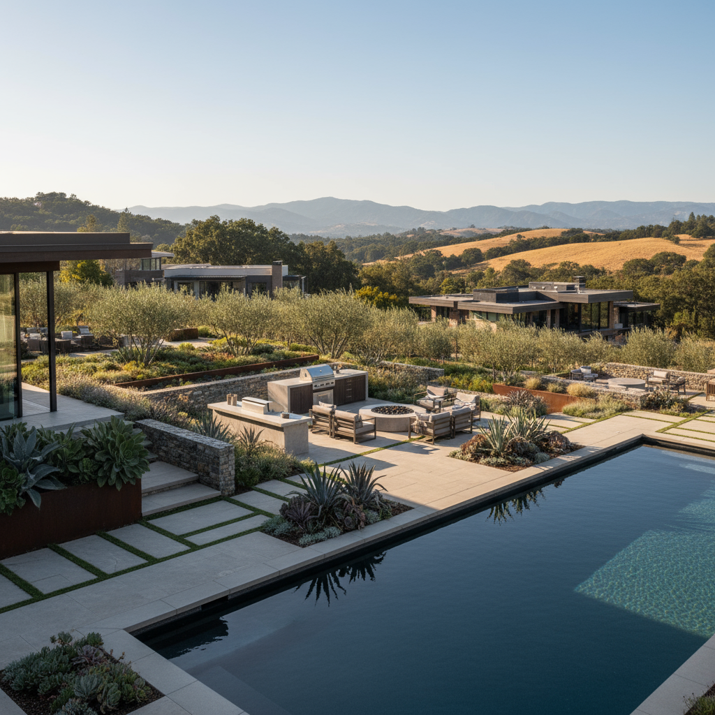 Luxury landscape design Placer featuring a modern home, swimming pool, outdoor kitchen, and fire pit with rolling hills.