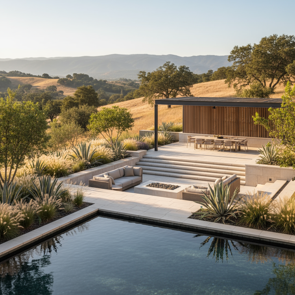 Expansive luxury landscape design Placer with pool, terraced patio, fire pit, pergolas, and natural hillside views.