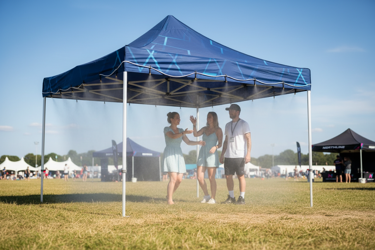 Three people enjoying misting systems under a blue canopy at an outdoor festival or gathering