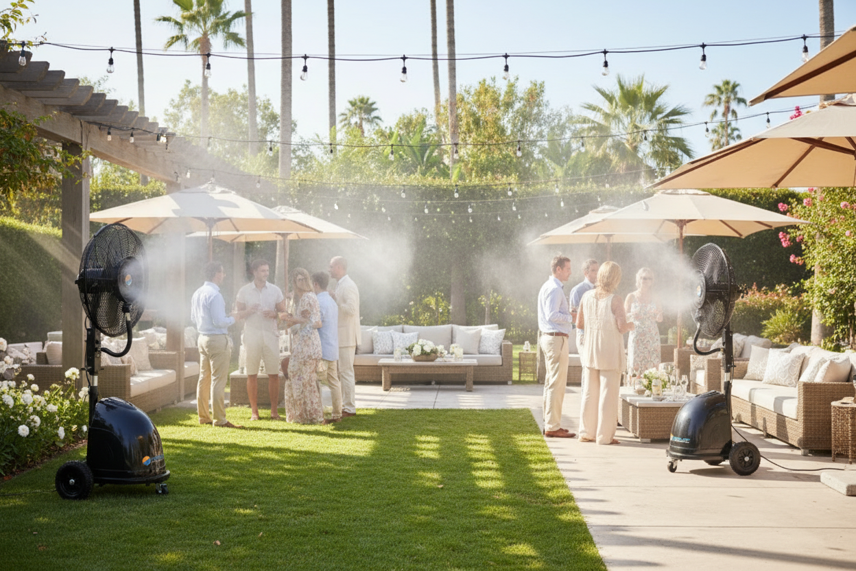 Guests enjoying an outdoor event with two misting systems creating a cool, comfortable atmosphere under string lights
