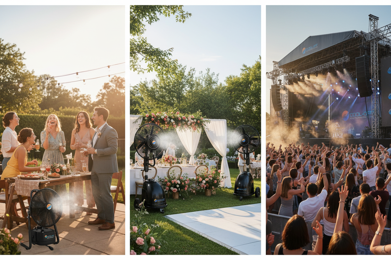 A trio of scenes showing different misting systems: misting fans cooling an outdoor party, a wedding reception, and a concert
