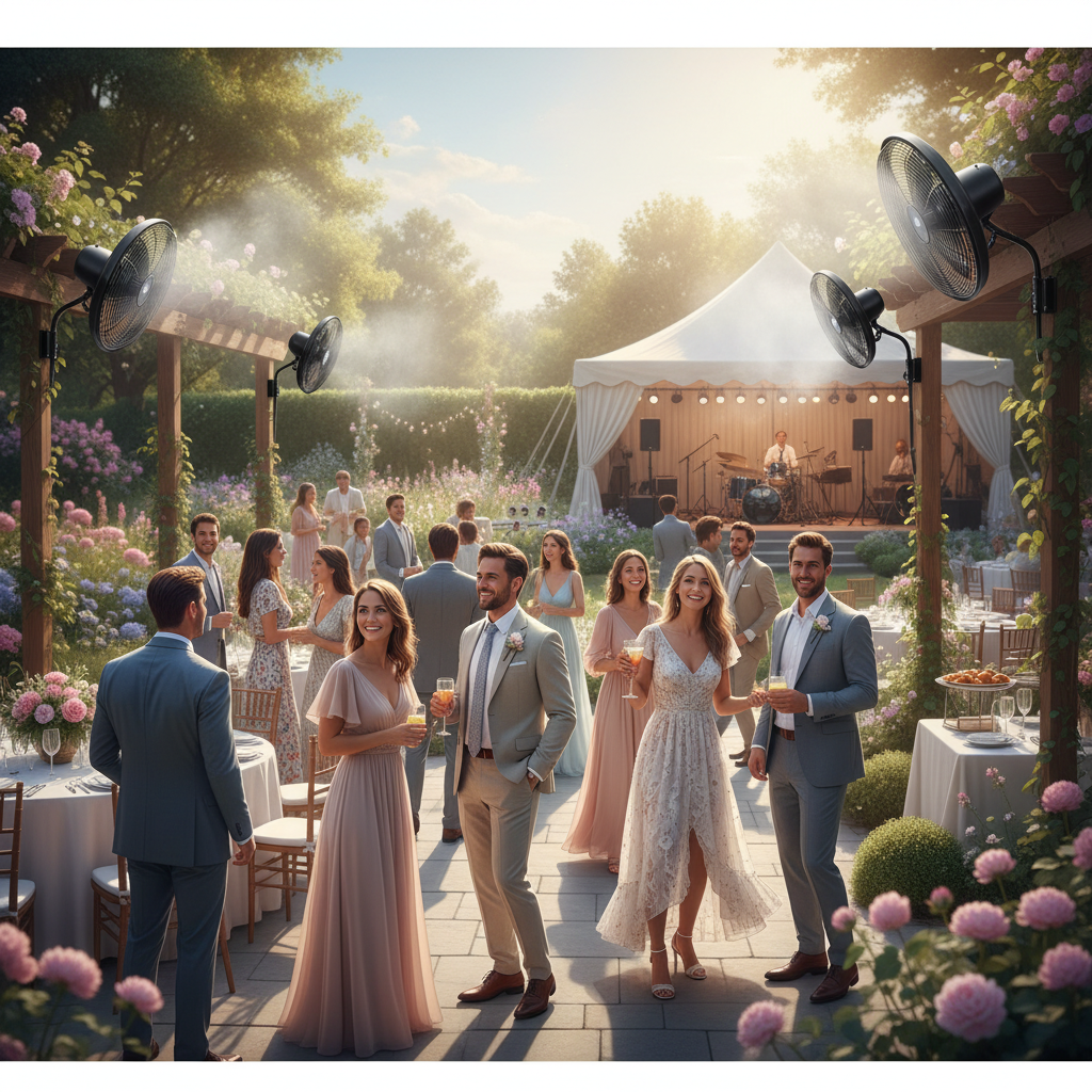 Guests enjoy an outdoor event with overhead misting systems cooling a patio area, next to a band performing under a white tent