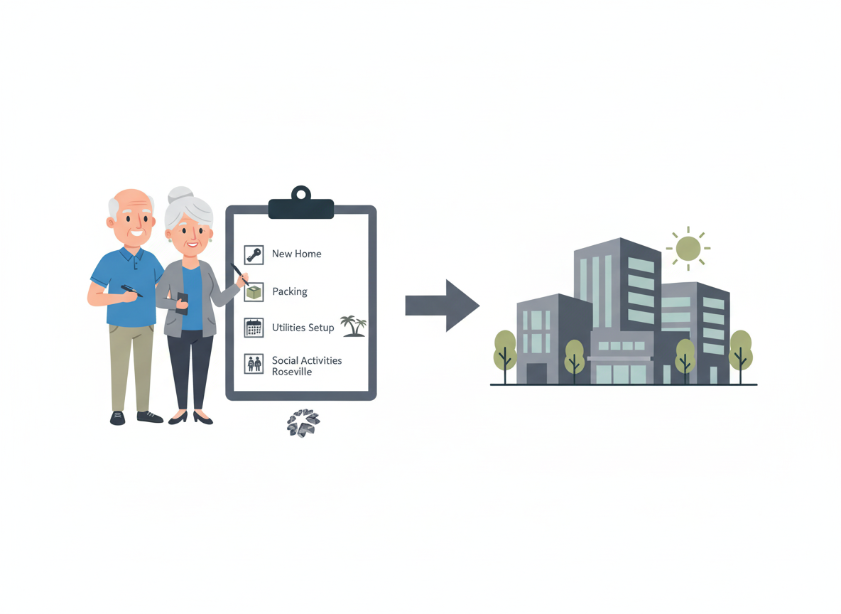 Senior couple with a moving to independent living checklist Roseville, pointing to a community.