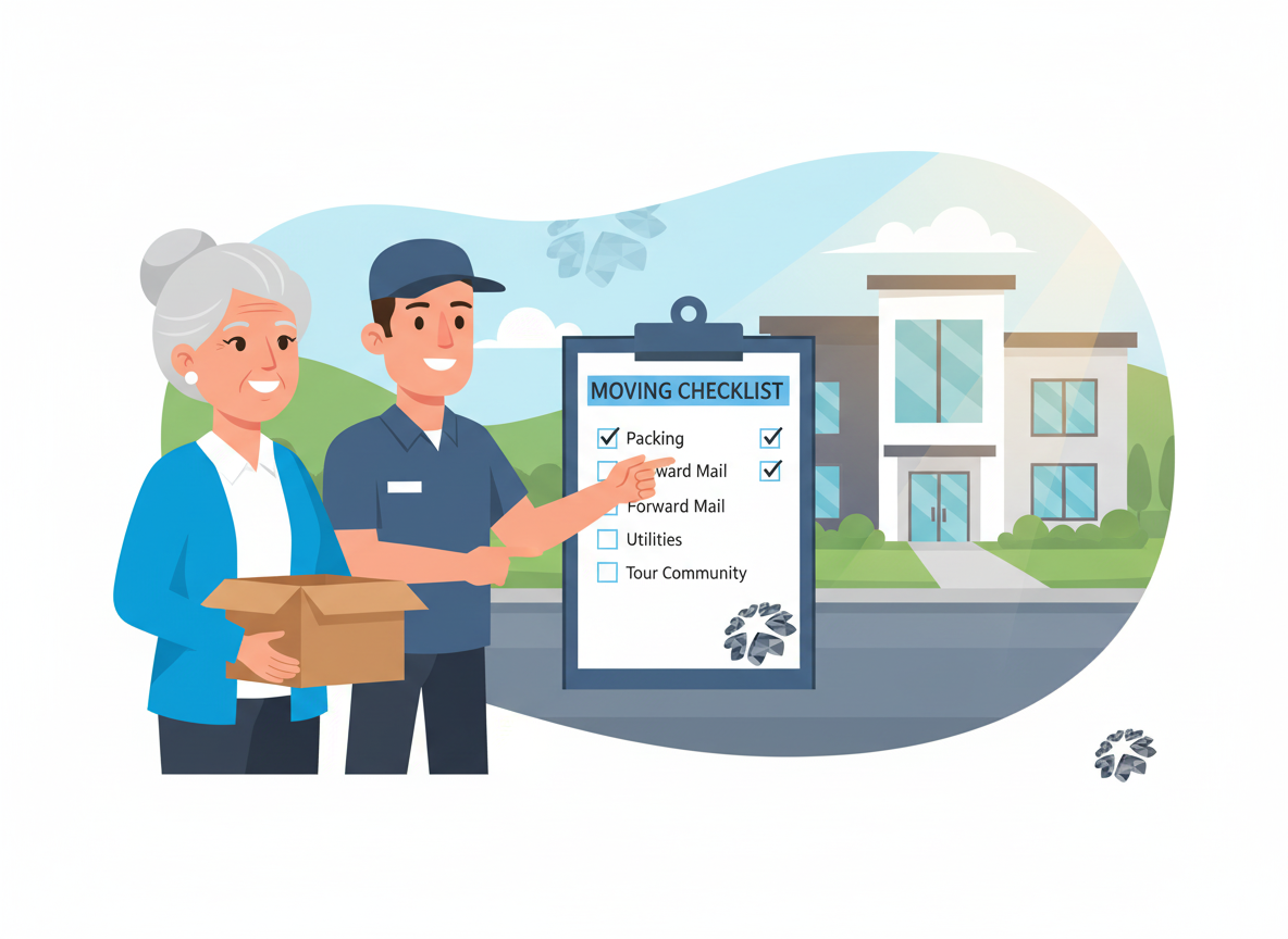 Senior woman with box and male mover pointing at a moving to independent living checklist Roseville, CA, with a building in b