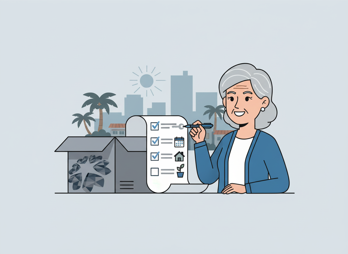 Smiling senior woman checking tasks on a moving to independent living checklist Roseville.