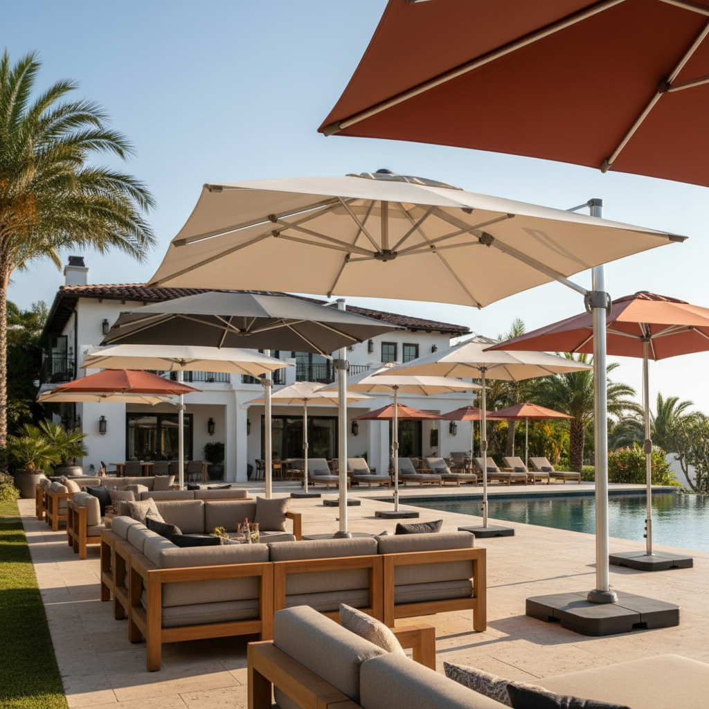 Luxury patio umbrellas for homes in beige and terracotta, shading outdoor seating by a pool and white villa.