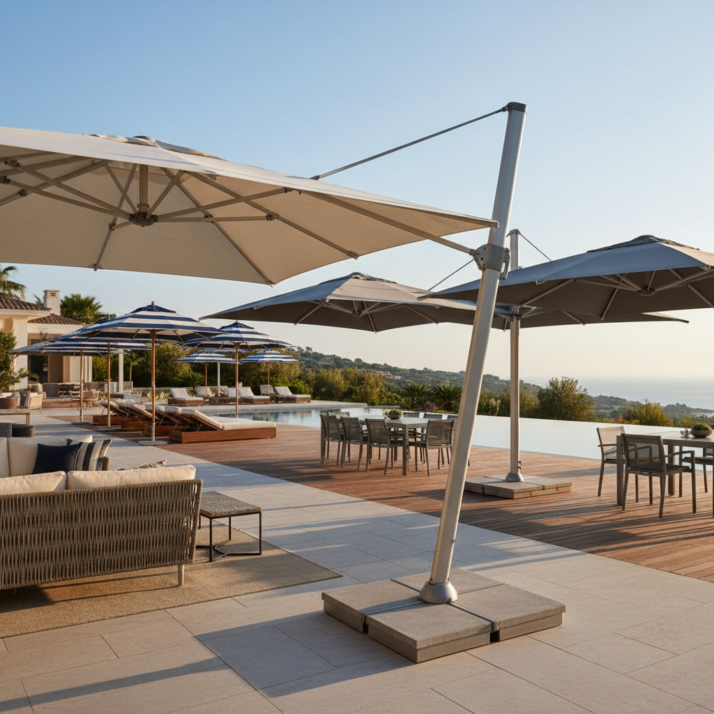 Modern patio umbrellas on a tiled and wooden deck with an infinity pool and ocean view perfect for homes.