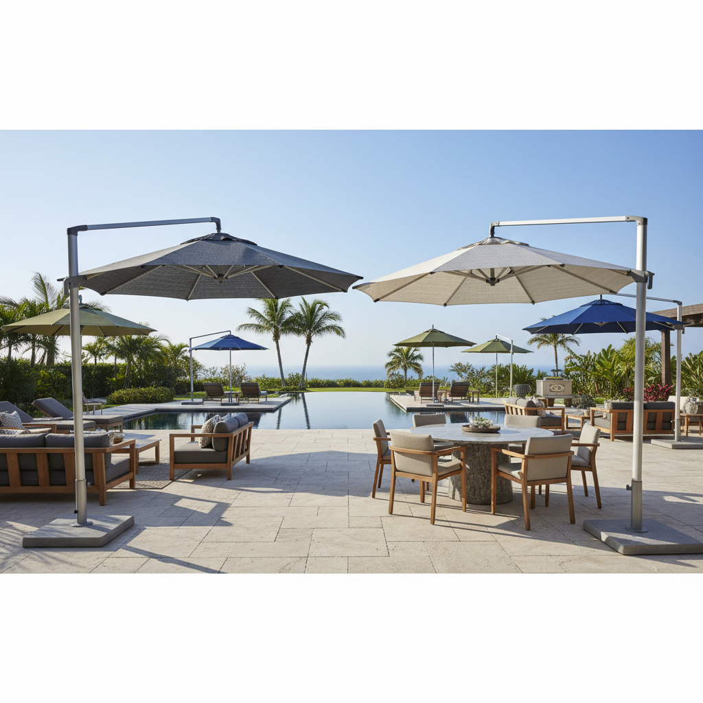 Luxury patio with various high-end patio umbrellas, outdoor seating, pool, and ocean view, ideal for homes.