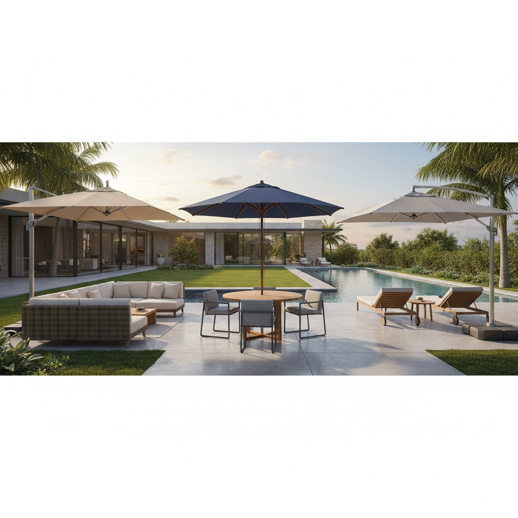 Modern patio with three different high end patio umbrellas for homes: a cantilever, a center pole market, and another cantile