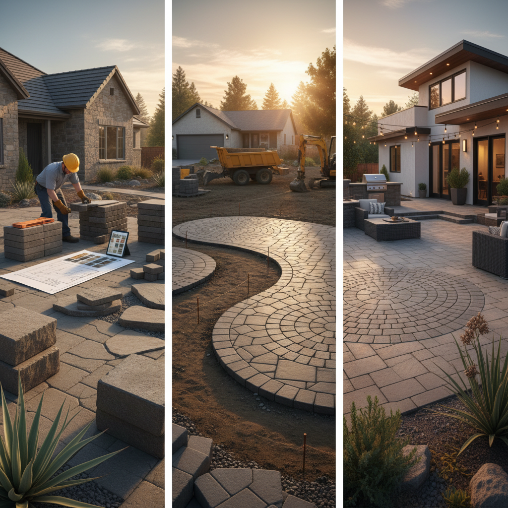 Three panels showing paver installation: planning, laying intricate patterns, and a finished patio. paver cost