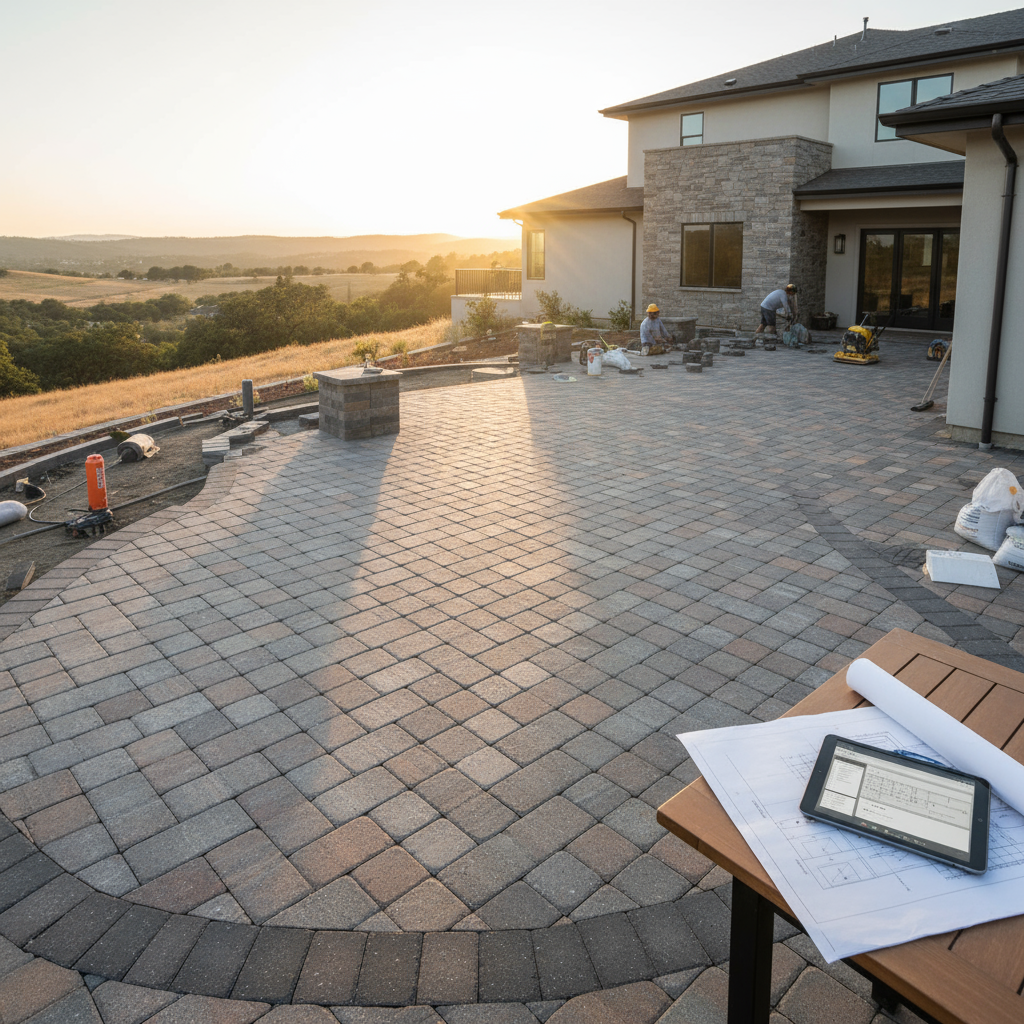 Sunset over hills, two workers install gray and brown brick pavers at a modern home, showing paver cost considerations.