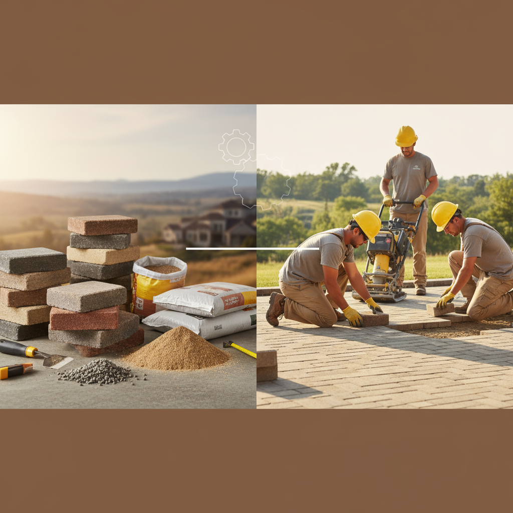 Left: paver materials like stacked bricks, sand, and bags. Right: three workers installing pavers. Illustrates paver cost bre