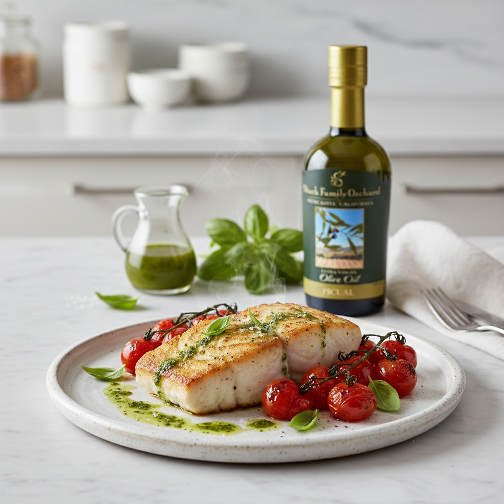 Step 4: Placing halibut fillets into a hot pan with olive oil