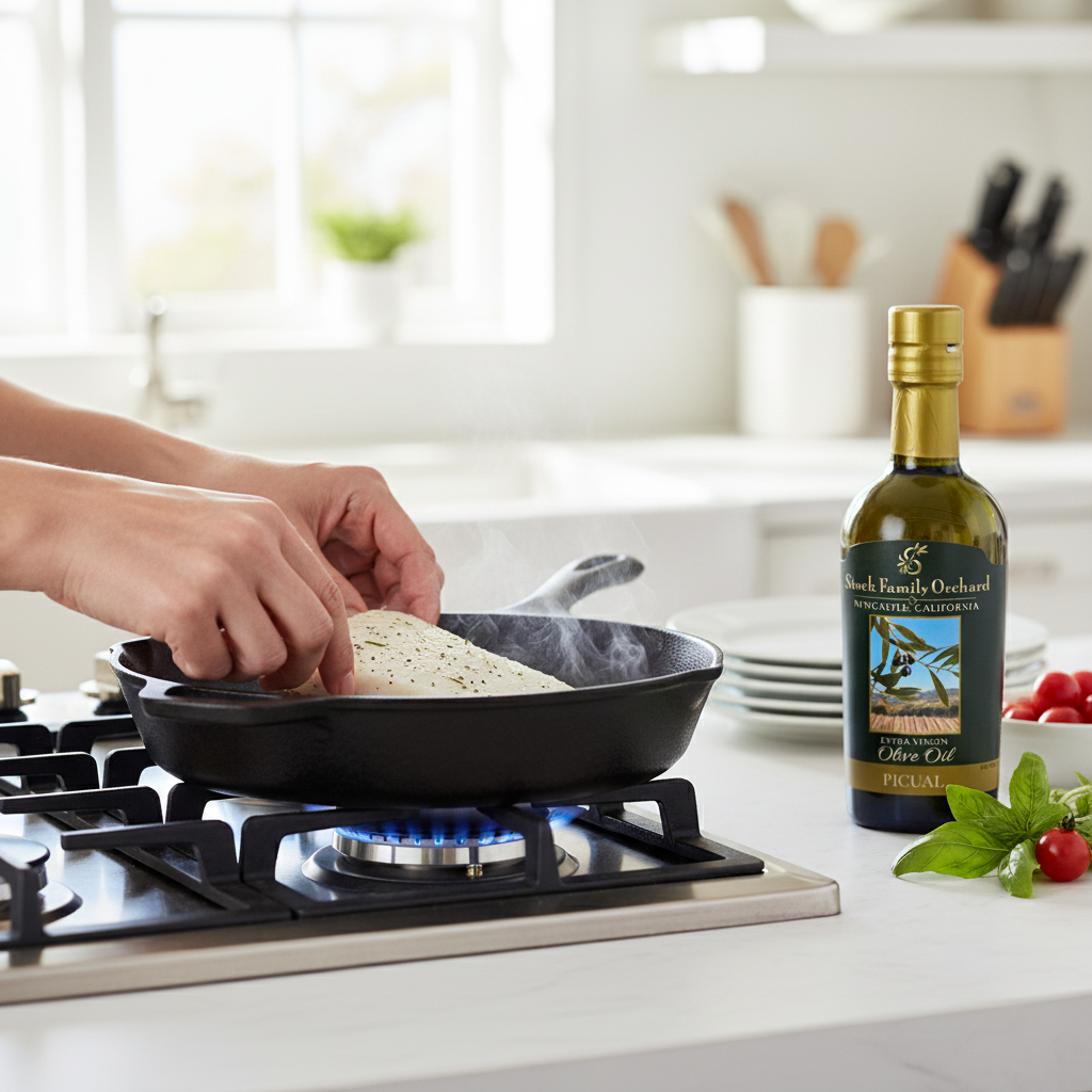 Step 4: Placing halibut fillets into a hot pan with olive oil