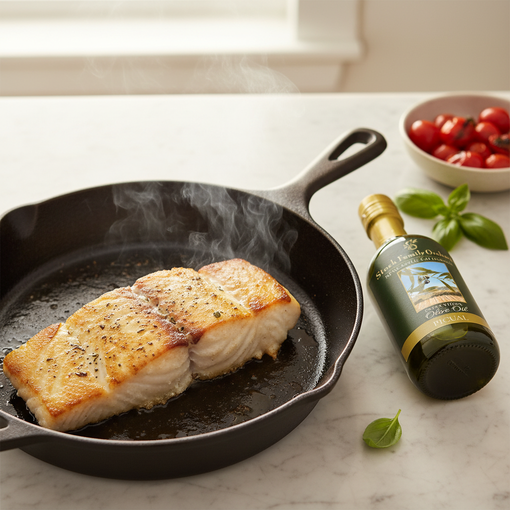Step 5: Seared halibut cooking in the pan until golden brown