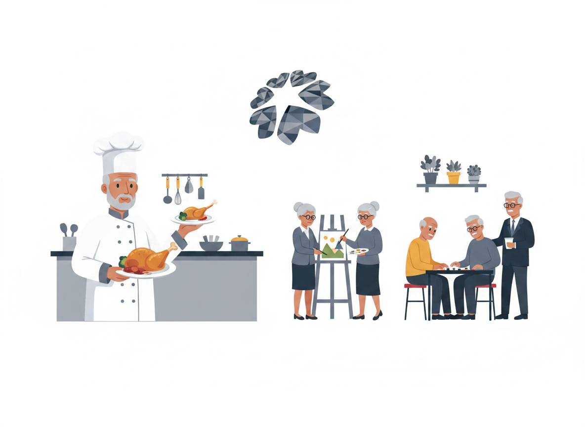 Illustrates chef-prepared meals, art class, and games for vibrant senior living with chef prepared meals Roseville.