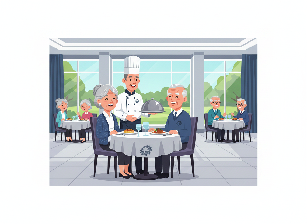 Chef serving smiling senior couple at table in bright dining room. Other seniors eat nearby, showing senior living with chef 
