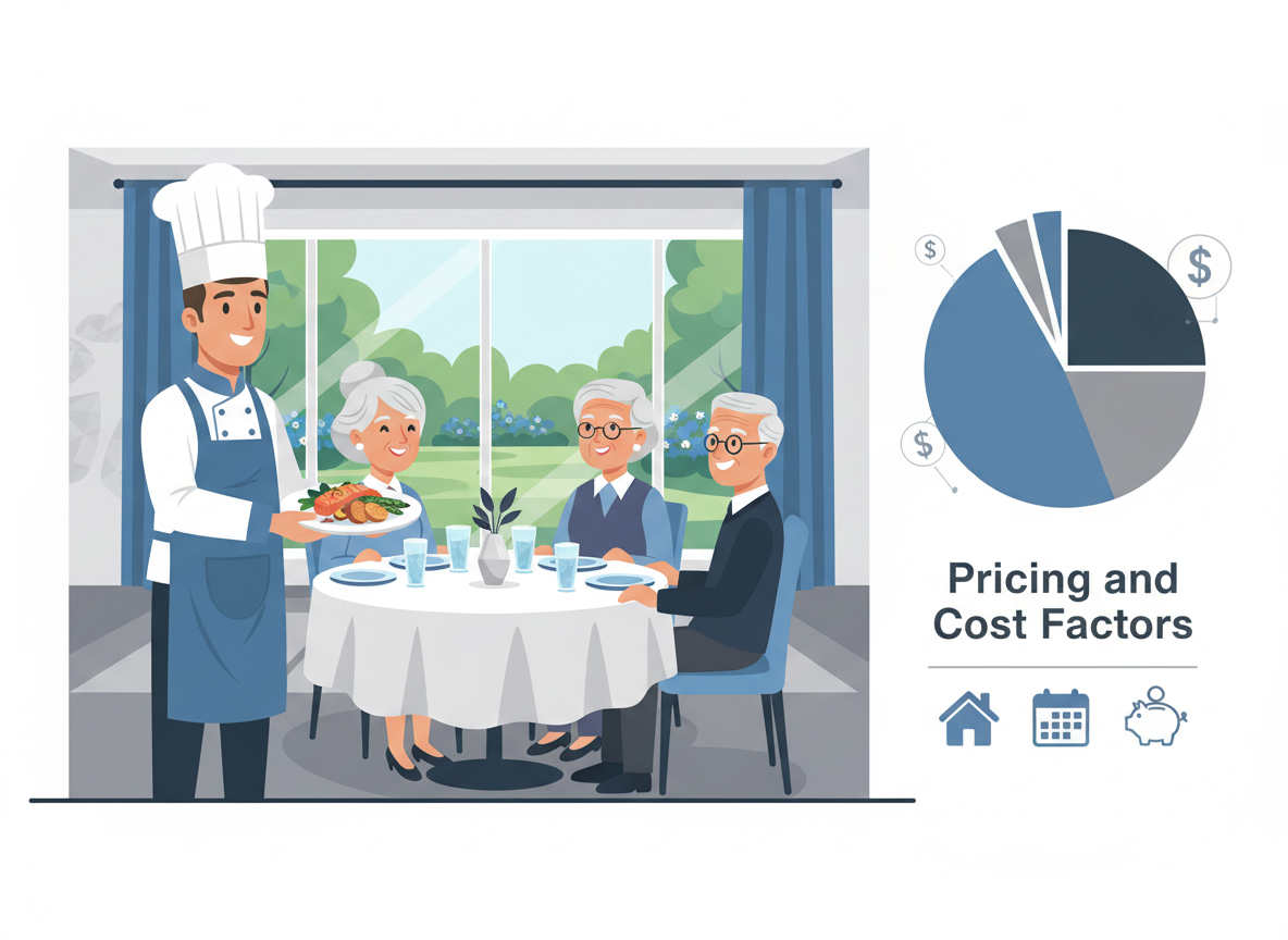 Three seniors dining, chef serving, with pie chart illustrating pricing/cost factors for senior living with chef prepared mea