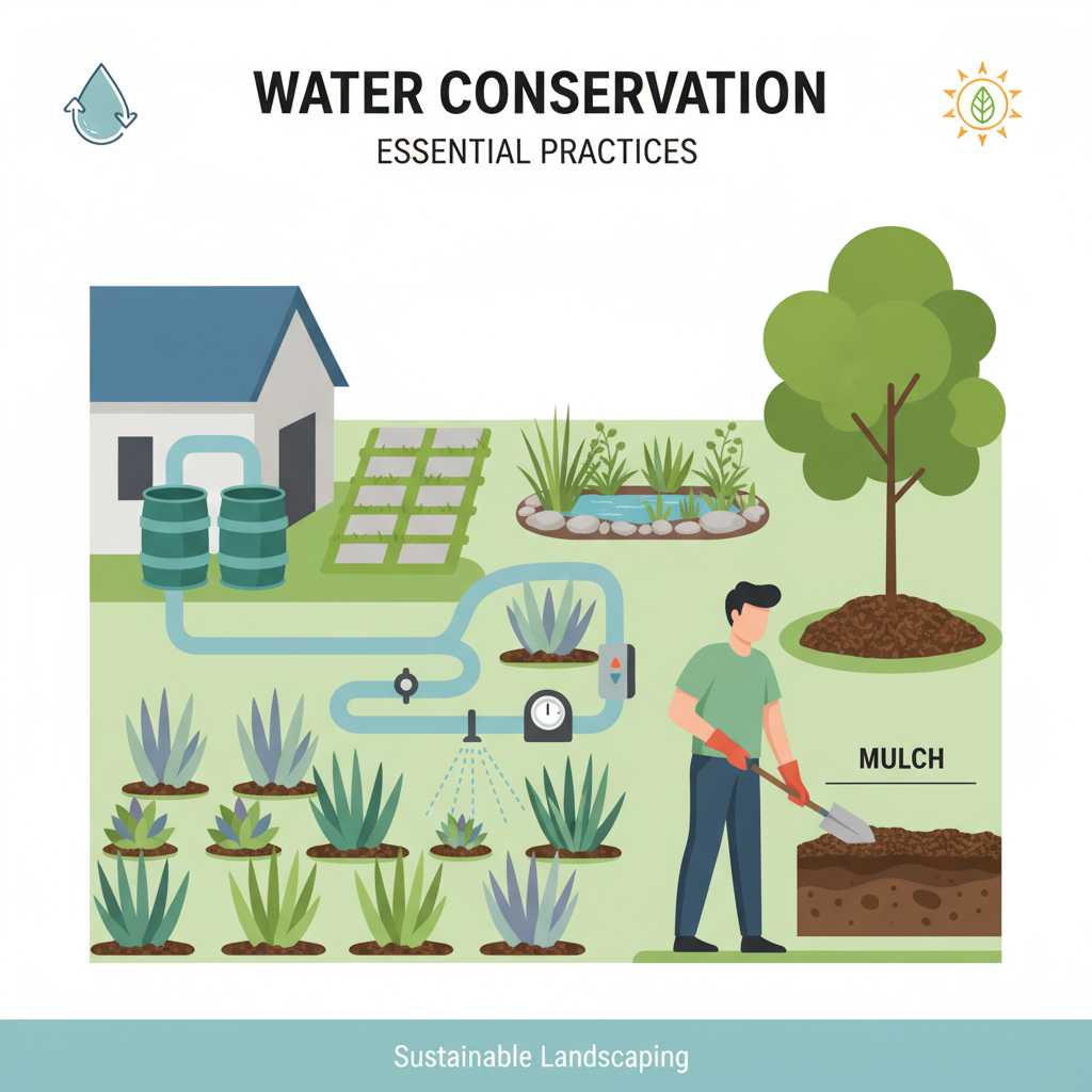 Essential water conservation practices: drip irrigation & sustainable landscaping for a drought-tolerant garden.