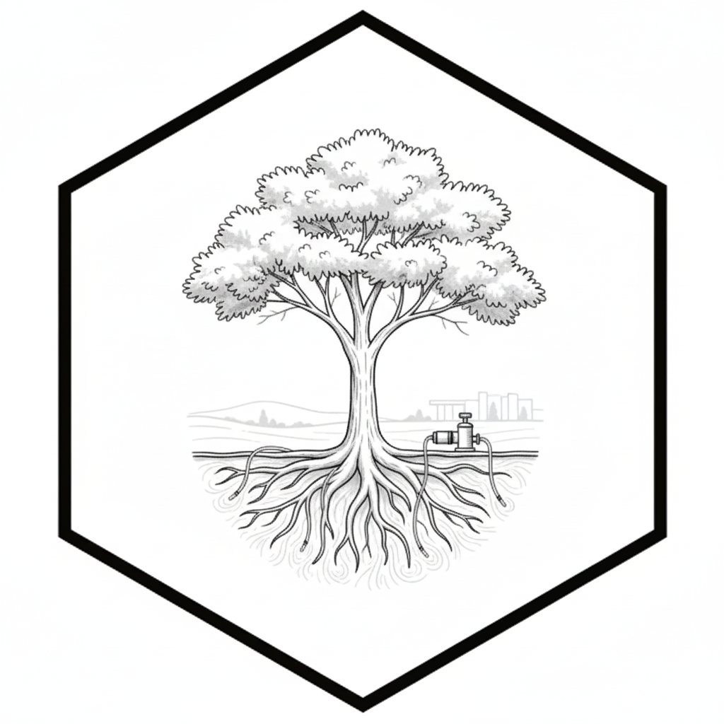 Crew member performing Systemic Root Injection for trees in Placer County, using a sprayer near a large oak.
