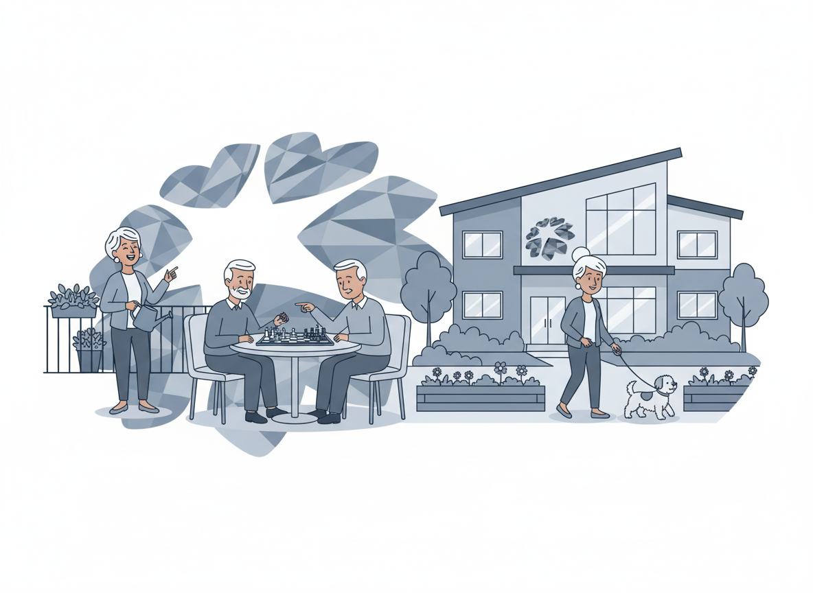 Seniors playing chess on a patio, a woman watering plants, and another walking a dog by a modern home. What is independent li
