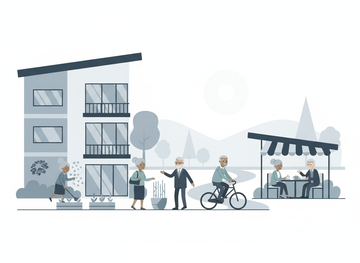 Illustration of active seniors enjoying diverse activities, like gardening, socializing, and cycling, near an apartment build