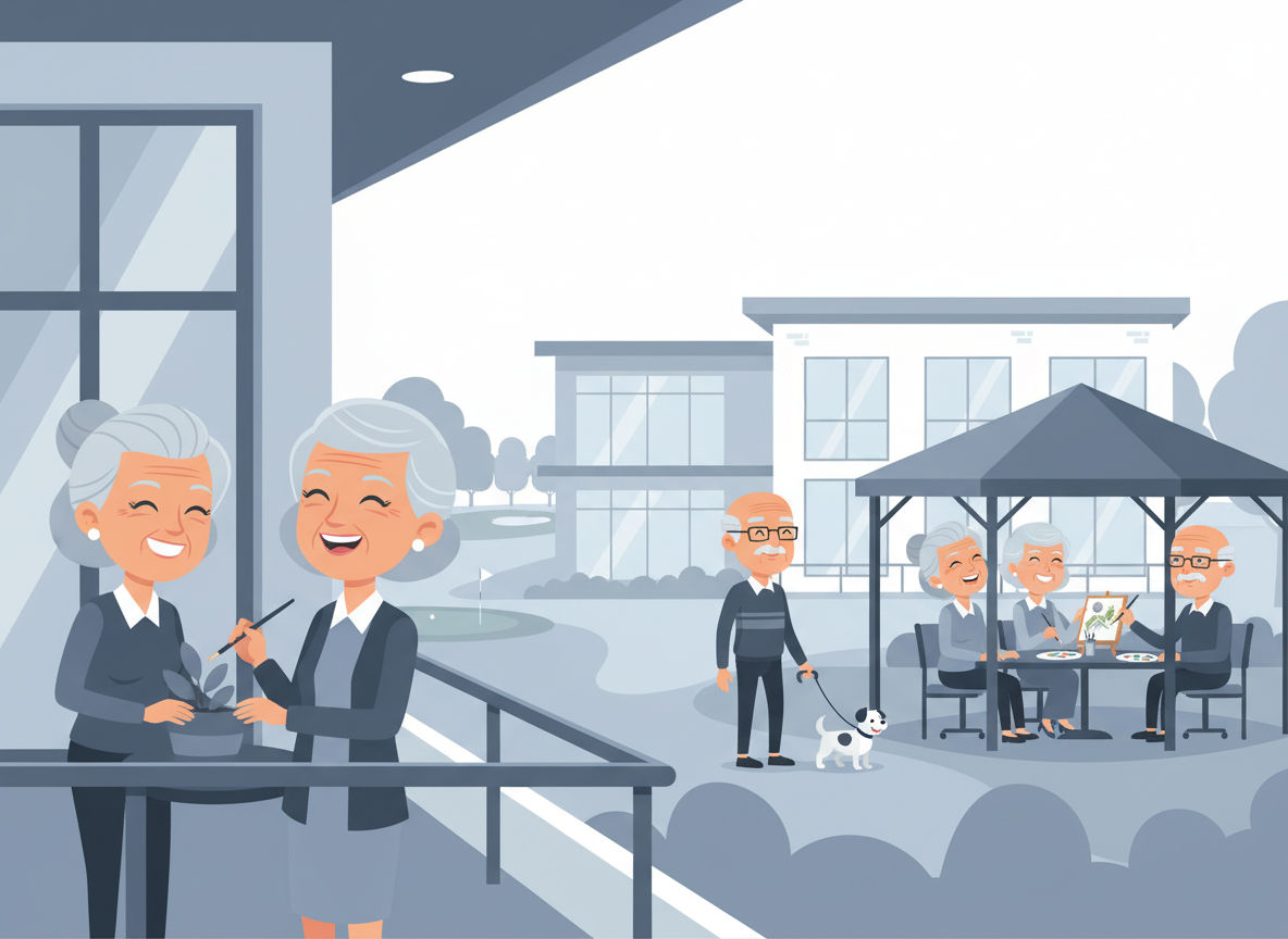 Smiling seniors enjoying activities like gardening, walking a dog, and painting, showing what is independent living Roseville