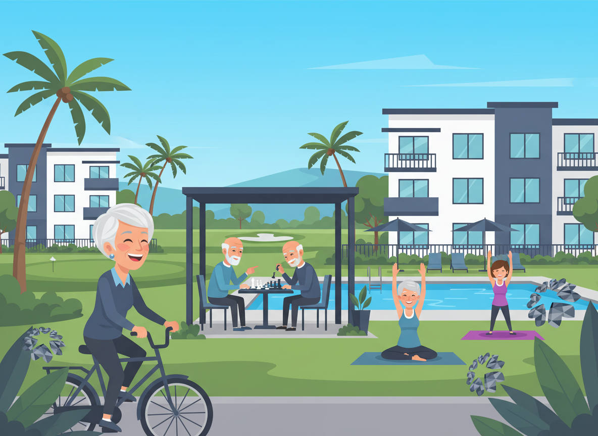 Seniors enjoying activities like biking, chess, and yoga near apartments and a pool, depicting what is independent living Ros